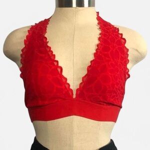 Vs Victorias Secret Pink Red Lace Floral Triangle Halter Bra Womens Size Medium